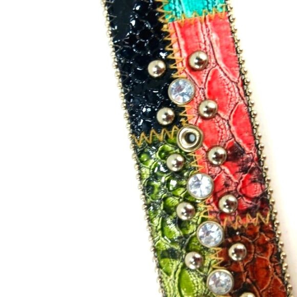 Guess Vibrant Mock Snakeskin Reptile Studded Beaded Belt Silver Buckle Size XS.. - Picture 12 of 14